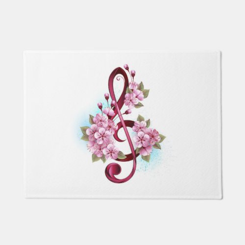 Musical treble clef notes with Sakura flowers Doormat