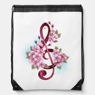 Musical treble clef notes with Sakura flowers Drawstring Bag