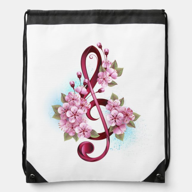 Musical treble clef notes with Sakura flowers Drawstring Bag (Front)