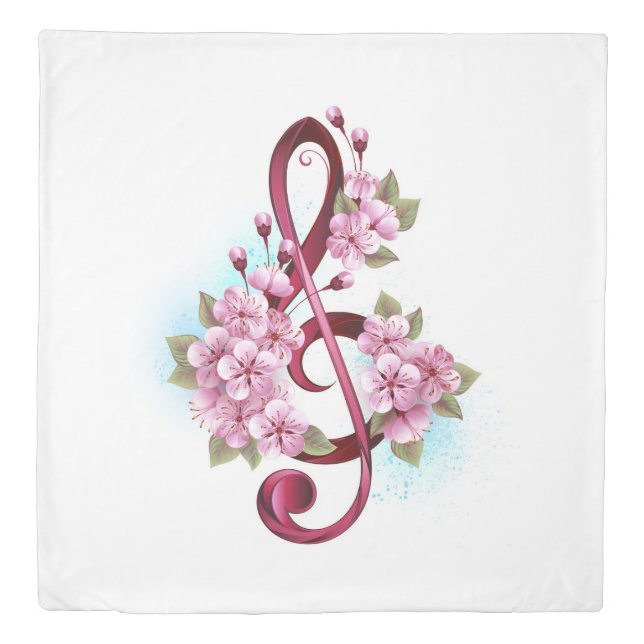 Musical treble clef notes with Sakura flowers Duvet Cover (Front)