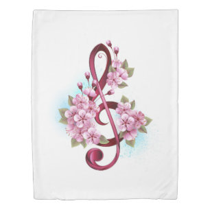 Musical treble clef notes with Sakura flowers Duvet Cover