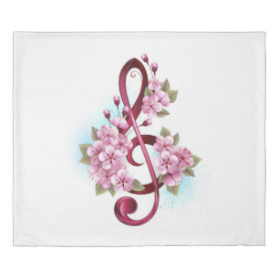 Musical treble clef notes with Sakura flowers Duvet Cover