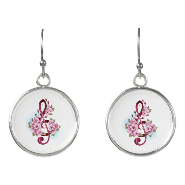 Musical treble clef notes with Sakura flowers Earrings (Front)