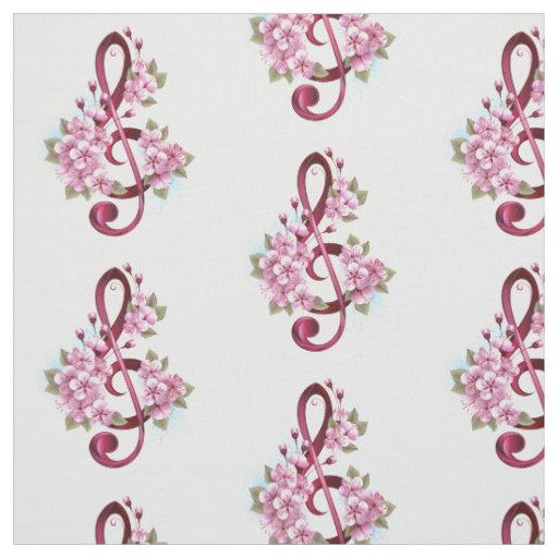 Musical treble clef notes with Sakura flowers Fabric