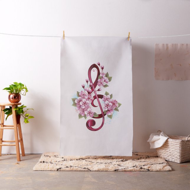 Musical treble clef notes with Sakura flowers Fabric (In Situ)