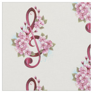 Musical treble clef notes with Sakura flowers Fabric