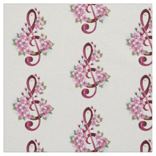 Musical treble clef notes with Sakura flowers Fabric