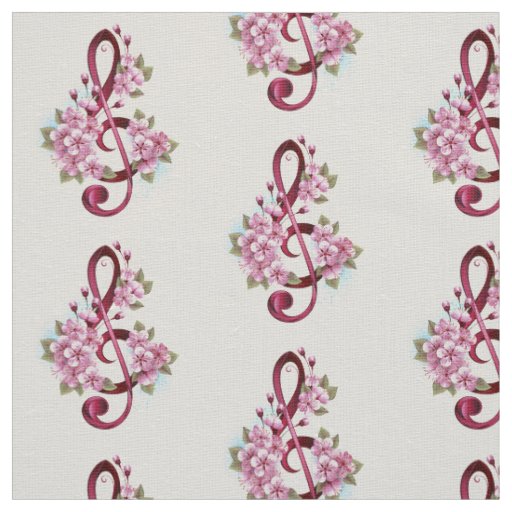 Musical treble clef notes with Sakura flowers Fabric