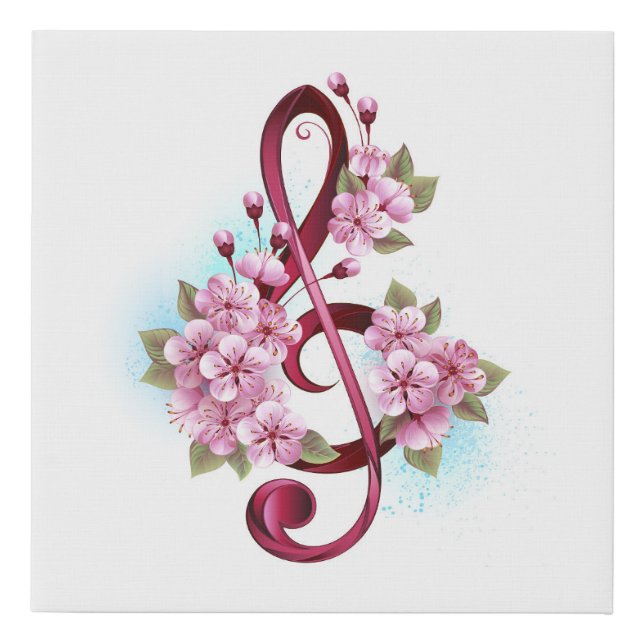 Musical treble clef notes with Sakura flowers Faux Canvas Print (Front)