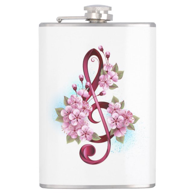 Musical treble clef notes with Sakura flowers Flask (Front)
