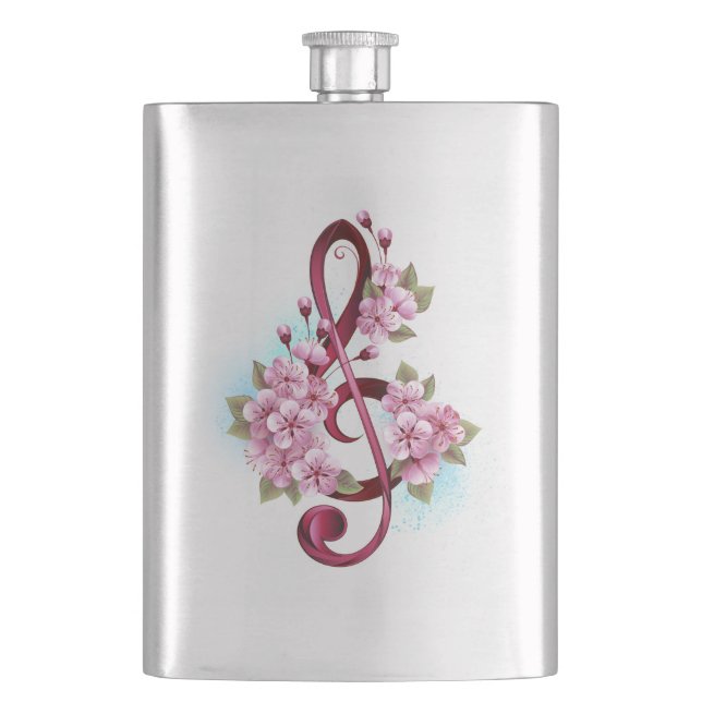 Musical treble clef notes with Sakura flowers Flask (Front)