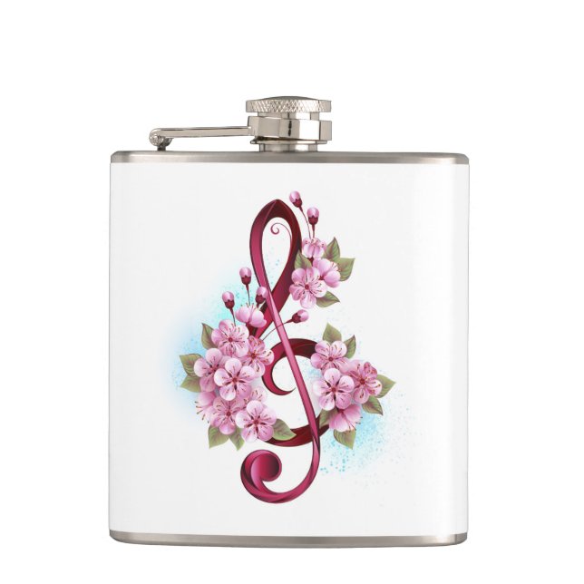 Musical treble clef notes with Sakura flowers Flask (Front)