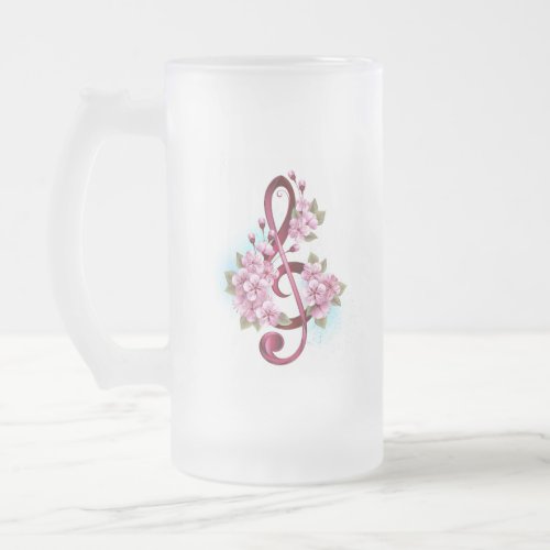 Musical treble clef notes with Sakura flowers Frosted Glass Beer Mug