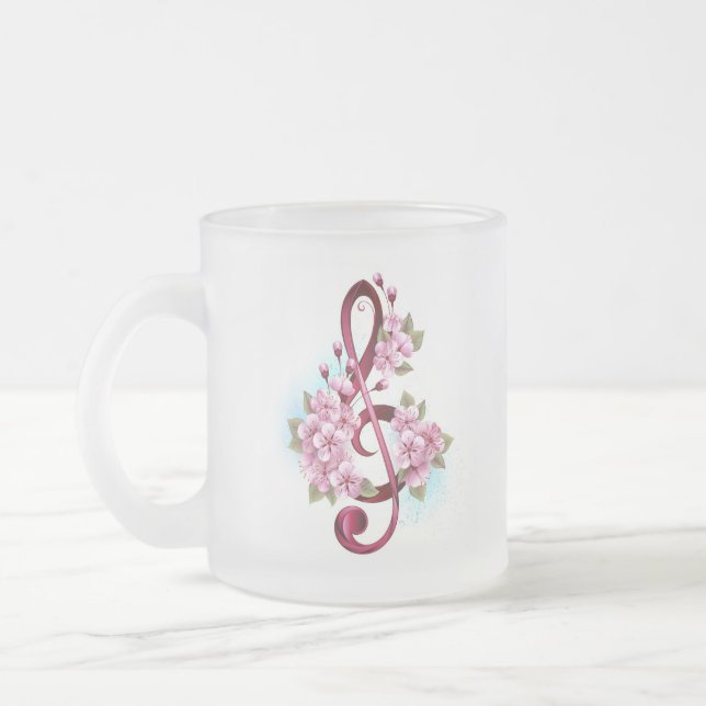 Musical treble clef notes with Sakura flowers Frosted Glass Coffee Mug (Left)