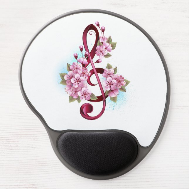 Musical treble clef notes with Sakura flowers Gel Mouse Pad (Front)