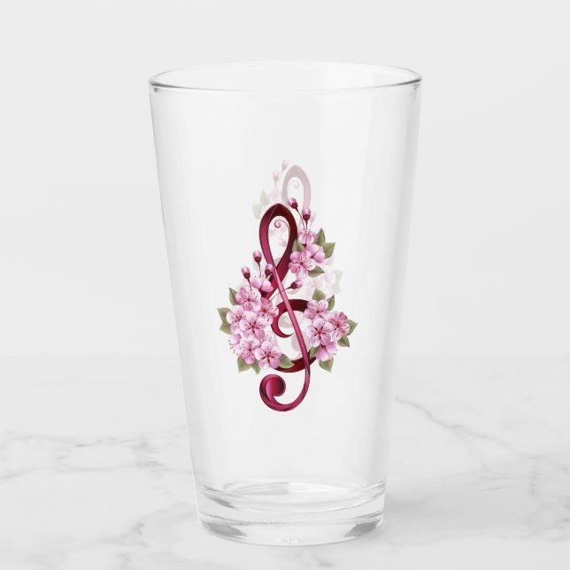 Musical treble clef notes with Sakura flowers Glass (Front)