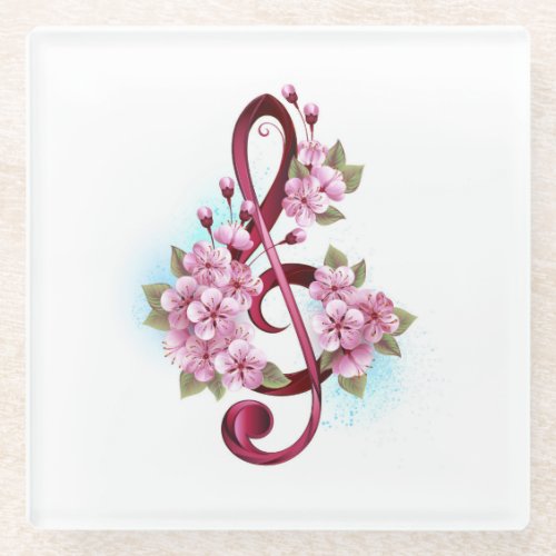 Musical treble clef notes with Sakura flowers Glass Coaster