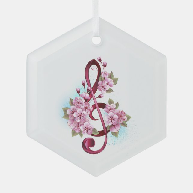 Musical treble clef notes with Sakura flowers Glass Ornament (Front)