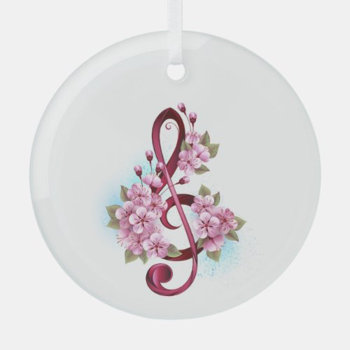Musical treble clef notes with Sakura flowers Glass Ornament