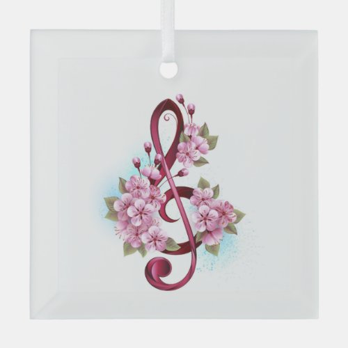 Musical treble clef notes with Sakura flowers Glass Ornament