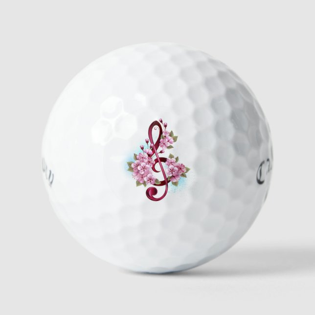 Musical treble clef notes with Sakura flowers Golf Balls (Front)