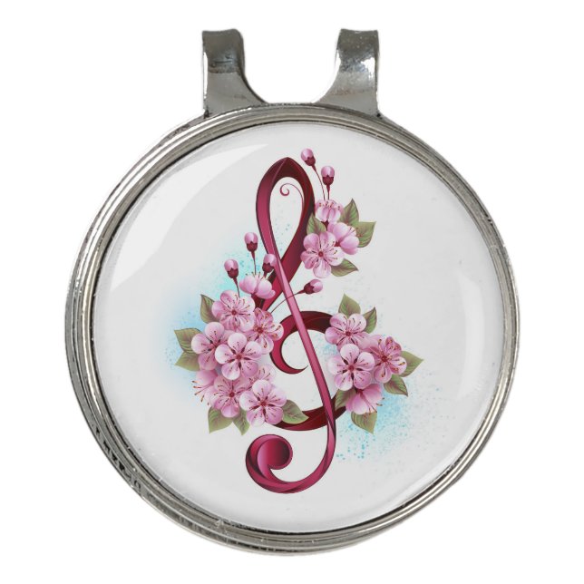 Musical treble clef notes with Sakura flowers Golf Hat Clip (Front)