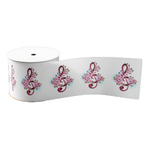 Musical treble clef notes with Sakura flowers Grosgrain Ribbon