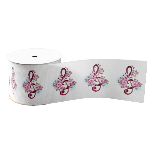 Musical treble clef notes with Sakura flowers Grosgrain Ribbon (Spool)