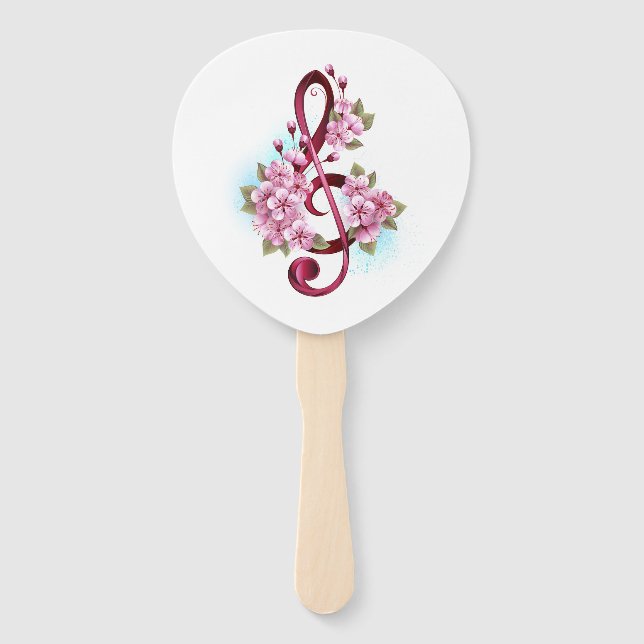 Musical treble clef notes with Sakura flowers Hand Fan (Front)