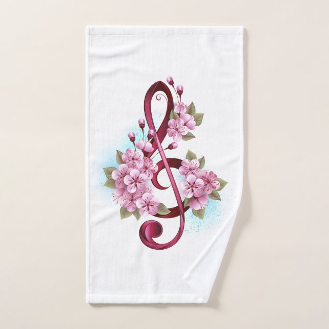 Musical treble clef notes with Sakura flowers Hand Towel (Hand Towel)
