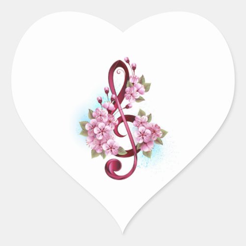 Musical treble clef notes with Sakura flowers Heart Sticker