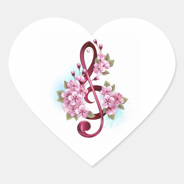 Musical treble clef notes with Sakura flowers Heart Sticker (Front)