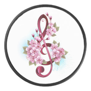 Musical treble clef notes with Sakura flowers Hockey Puck