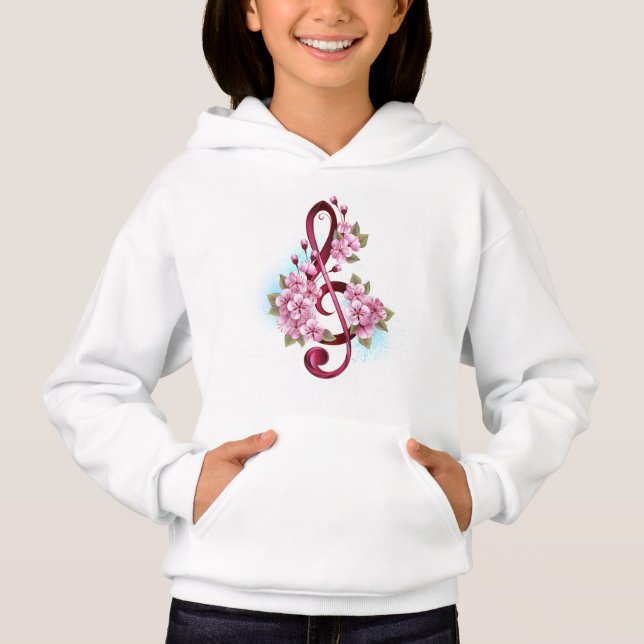 Musical treble clef notes with Sakura flowers Hoodie (Front)