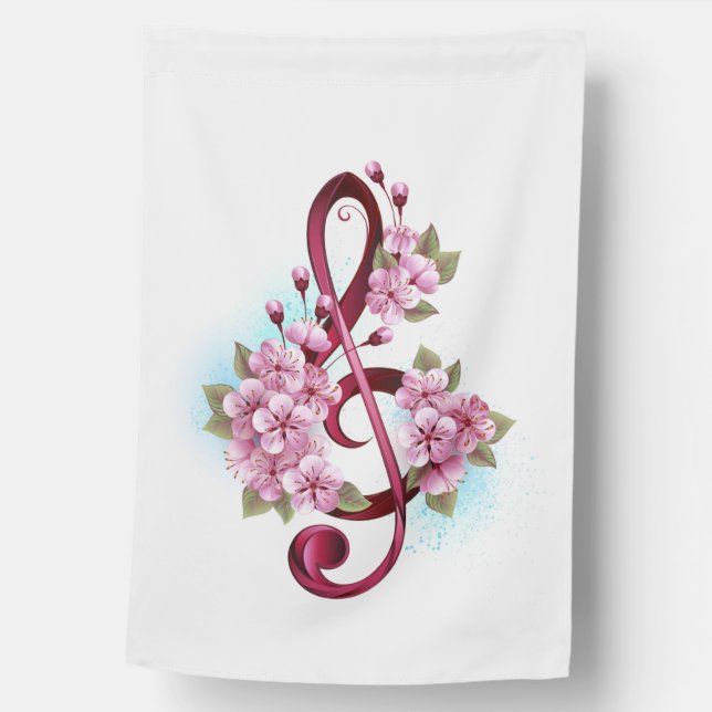 Musical treble clef notes with Sakura flowers House Flag (Front)