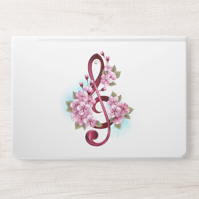 Musical treble clef notes with Sakura flowers HP Laptop Skin (Front)