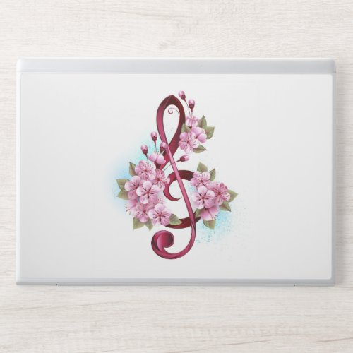 Musical treble clef notes with Sakura flowers HP Laptop Skin