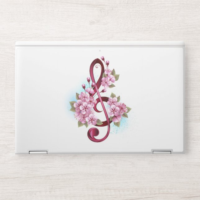 Musical treble clef notes with Sakura flowers HP Laptop Skin (Front)
