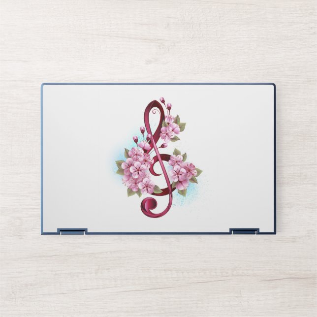 Musical treble clef notes with Sakura flowers HP Laptop Skin (Front)