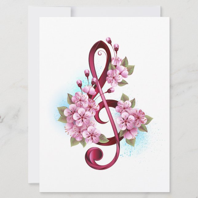 Musical treble clef notes with Sakura flowers Invitation (Front)