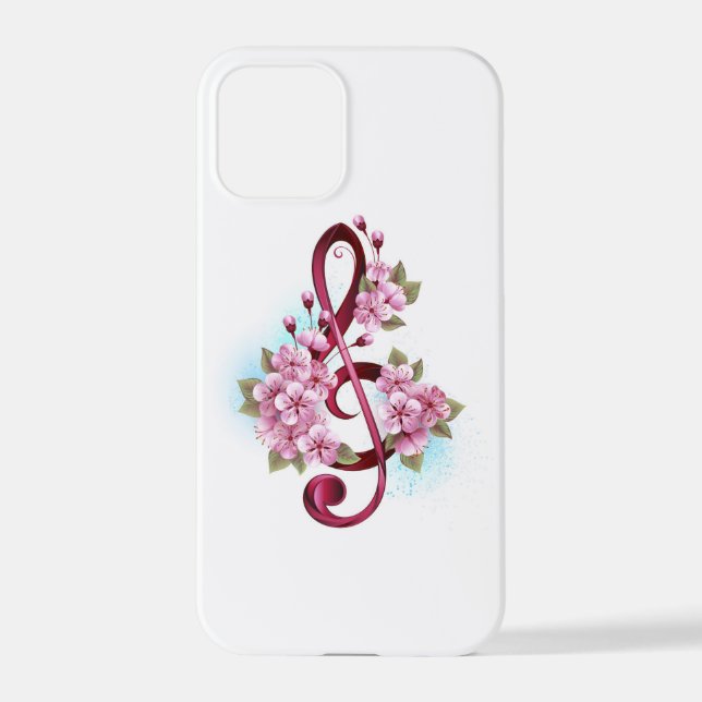 Musical treble clef notes with Sakura flowers iPhone Case (Back)