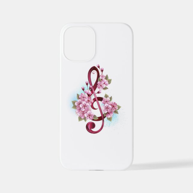 Musical treble clef notes with Sakura flowers iPhone Case (Back)