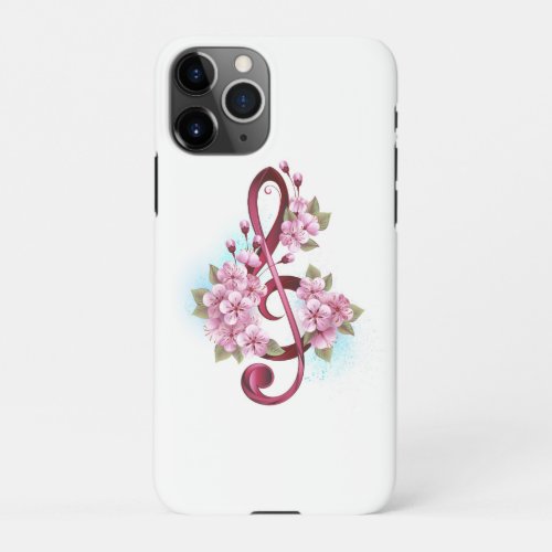 Musical treble clef notes with Sakura flowers iPhone 11Pro Case