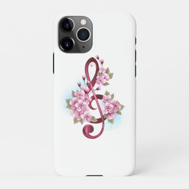Musical treble clef notes with Sakura flowers iPhone Case (Back)