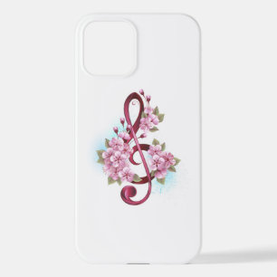 Musical treble clef notes with Sakura flowers iPhone 12 Case