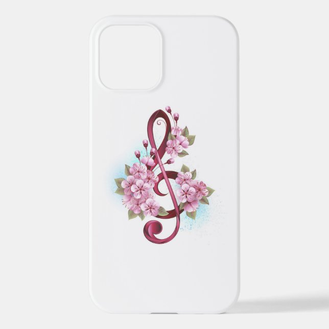 Musical treble clef notes with Sakura flowers iPhone Case (Back)
