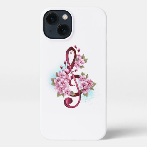 Musical treble clef notes with Sakura flowers iPhone 13 Case