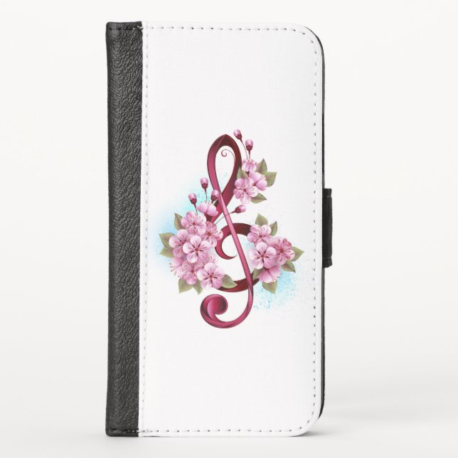 Musical treble clef notes with Sakura flowers iPhone Wallet Case (Front)