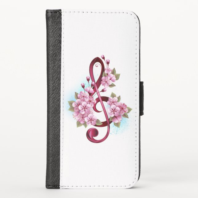 Musical treble clef notes with Sakura flowers iPhone Wallet Case (Front)