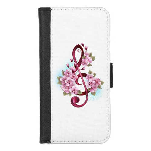 Musical treble clef notes with Sakura flowers iPhone 87 Wallet Case